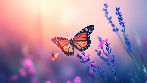 Monarch butterfly in chromatic bokeh meadow illumination.
