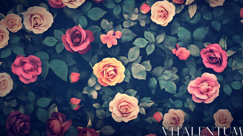 Vintage Floral Composition: Deep Teal Ground with Multi-Hued Roses.