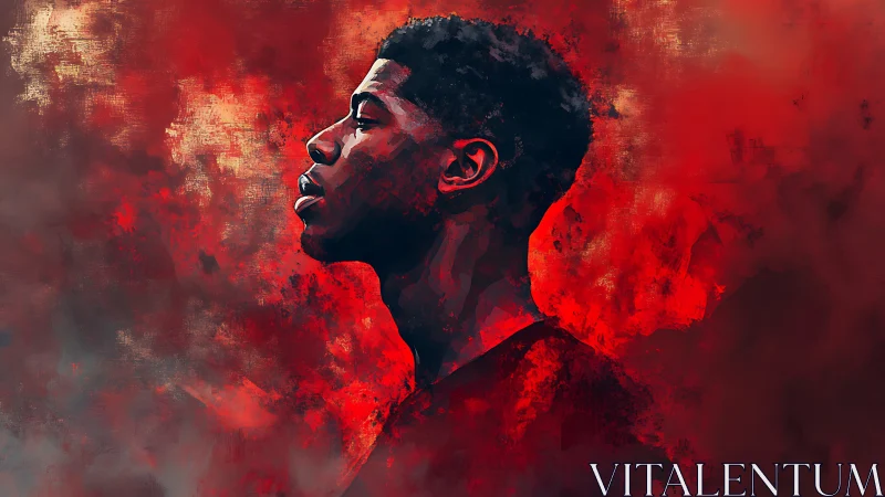 Calm profile in a vivid red storm of bold emotion.