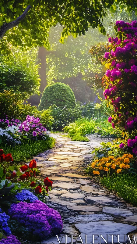 Sunlit stone garden path bordered by dense flowering plants.