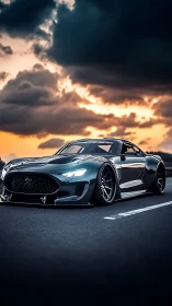 Photorealistic hypercar profile under dramatic sunset sky.