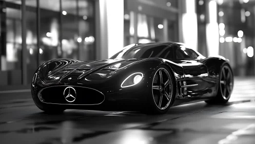 Black Mercedes concept supercar on modern city street.
