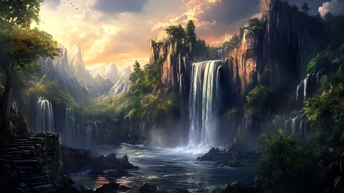 Majestic fantasy waterfall valley glows in warm sunset light.