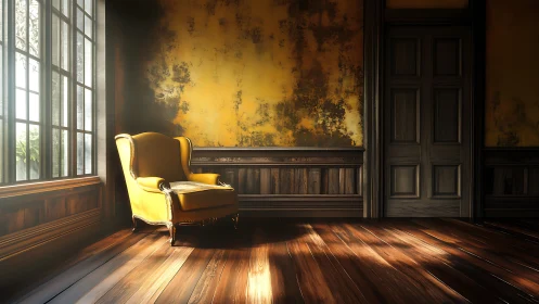 Golden armchair rests in decayed sunlit vintage parlor