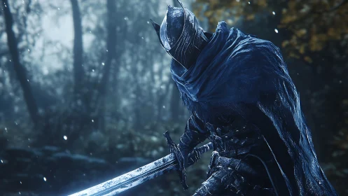 Lone armored warrior in a misty blue forest moment.