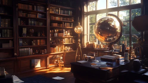 Golden orrery spheres illuminate a sunlit scholarly library