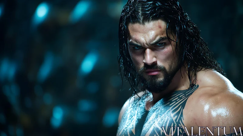 Intense warrior portrait with wet skin and tribal tattoo focus.