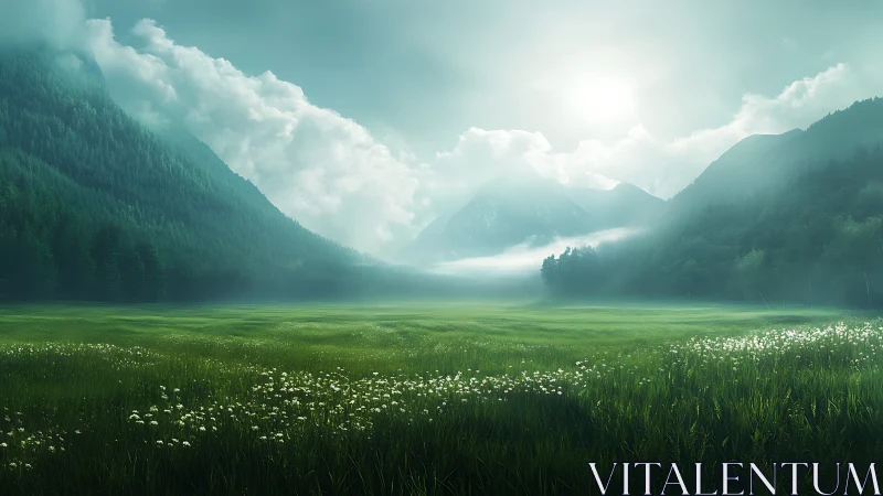 Misty alpine valley meadow under soft backlit sunrise glow.