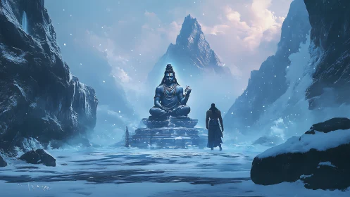 Solitary figure approaching colossal deity in icy valley.