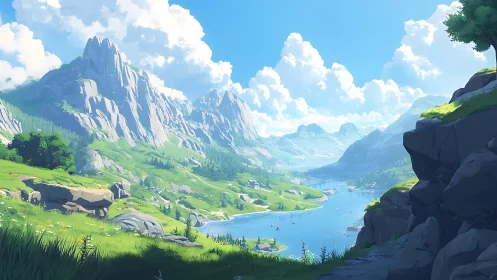 Sunlit mountain valley with river and scattered clouds.