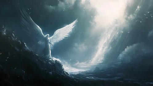 Backlit winged figure confronts cascading luminous stormfront