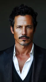 Intense middle aged man gazes forward in sharp studio light