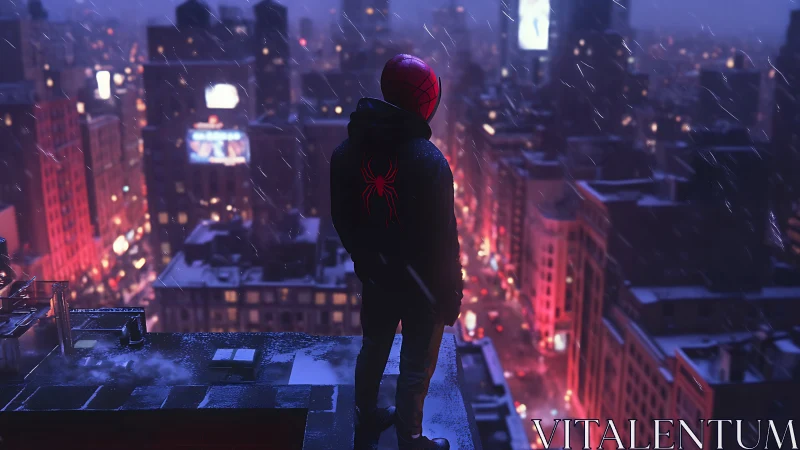 Spider-hooded vigilante surveys neon city in snowy dusk.