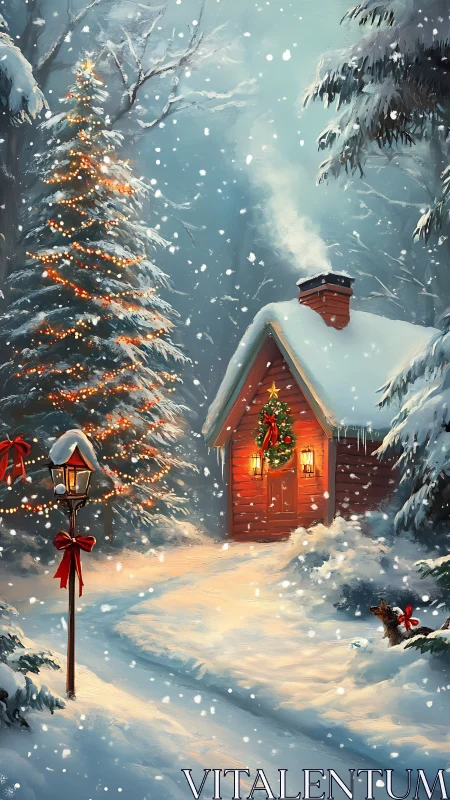 Digital painting of snowy holiday cabin with lit path and firs.