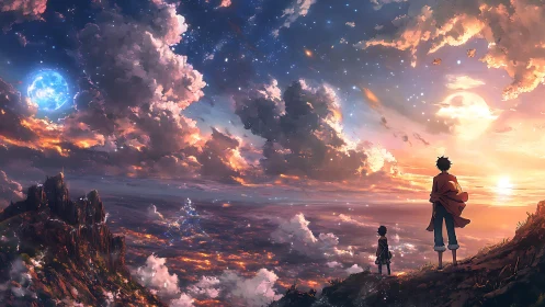 Celestial horizon vista with twin observers at sunset sky.