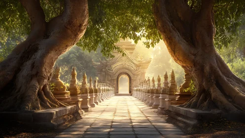 Sunlit temple gate between ancient trees at dawn.