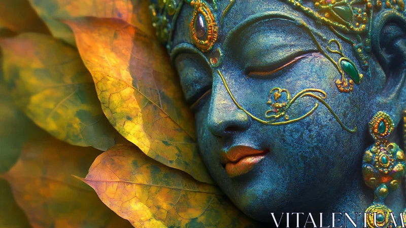 Blue stone deity face with gold jewelry and autumn leaves.