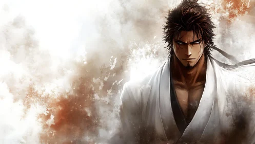 Stoic anime swordsman in white robe amid swirling smoke.