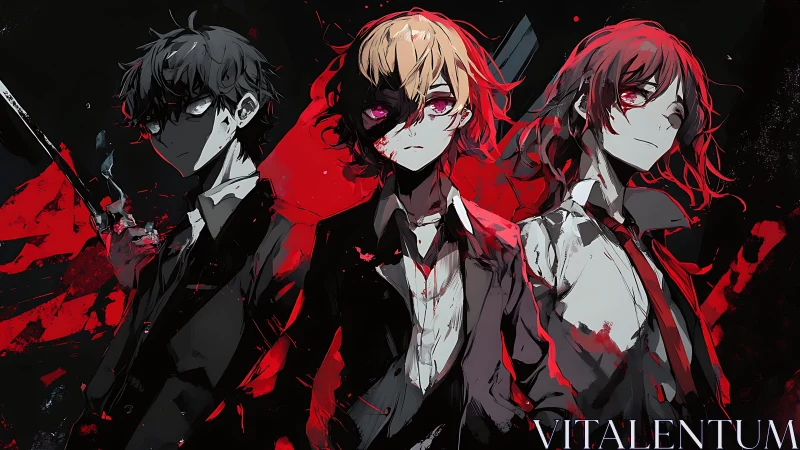Three stylized figures in suits with red abstract splashes.