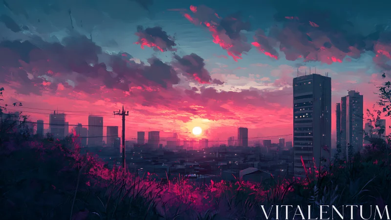 Neon dusk skyline bathes distant city in vivid magenta glow.