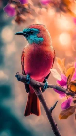 Vibrant coral bird rests amid glowing bokeh blossoms.