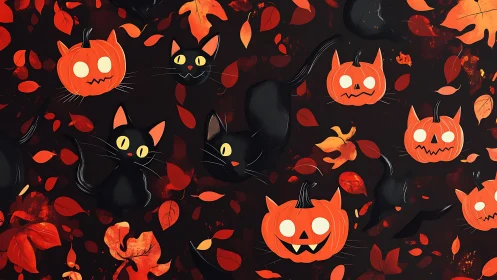 Black Cats and Jack-o'-Lanterns with Autumn Leaves Pattern