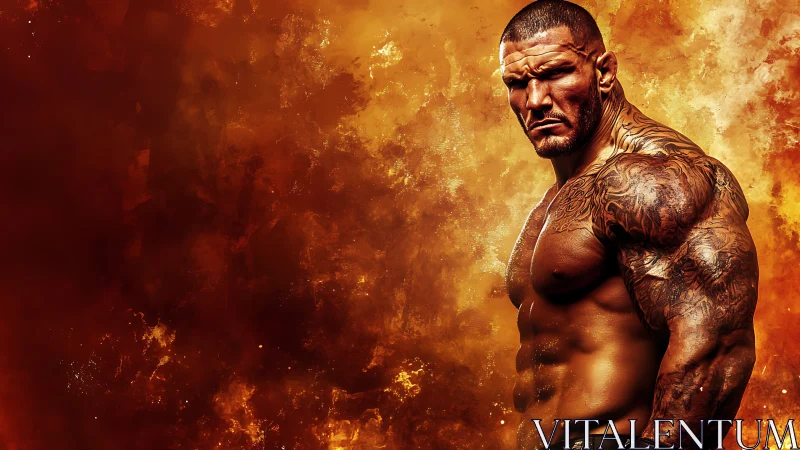 Tattooed bodybuilder emerges against fiery abstract inferno backdrop
