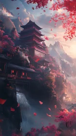 Crimson mountain temple rises gently above mist and waterfalls
