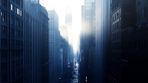 Fog-diffused morning light compresses a dense urban street canyon