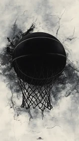 Black basketball intersects net against textured concrete field