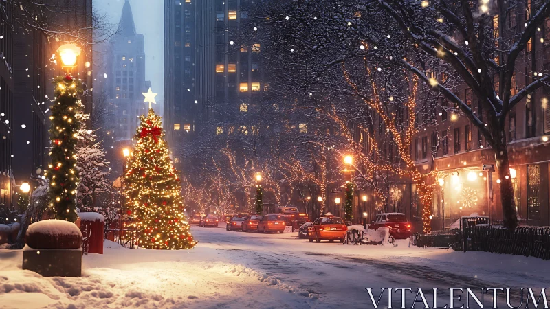 Snowy city street glows with cozy Christmas lights and cheer