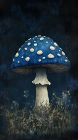 Midnight blue mushroom stands tall in quiet forest glow