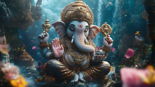 Underwater Ganesha deity rendered in ornate 3D cinematic detail