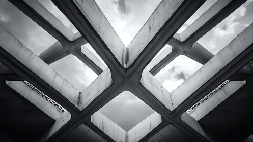 Monochrome reinforced concrete grid ceiling with sky apertures