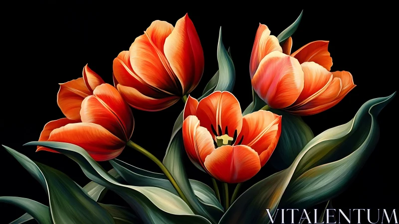 Luminous Red Tulips Against Black: Digital Botanical Study.