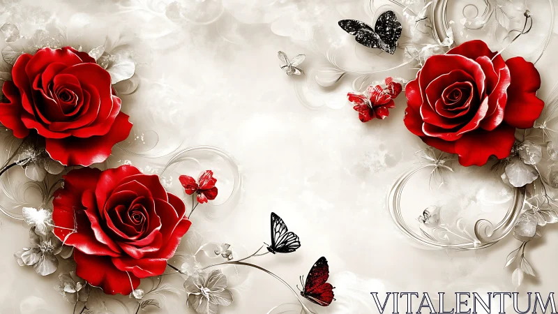 Red roses with butterflies, ornamental white scrollwork and florals