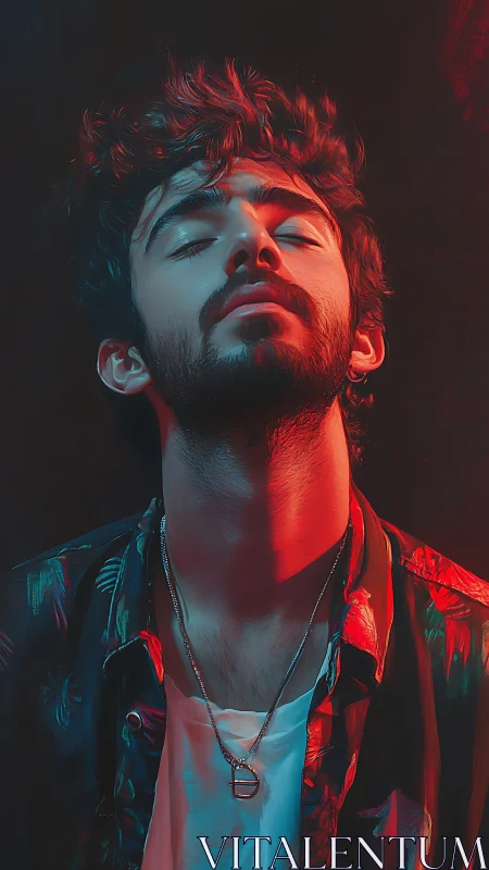 Dreamy portrait in neon light with relaxed, soulful gaze.