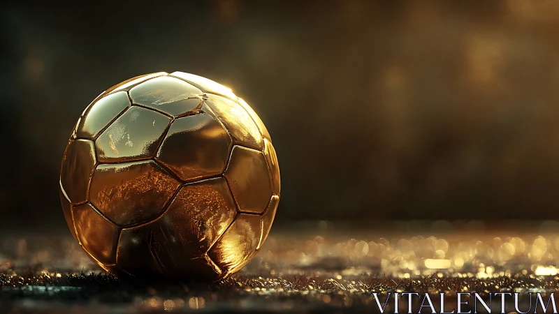 Golden metallic soccer ball on wet textured surface at dusk.