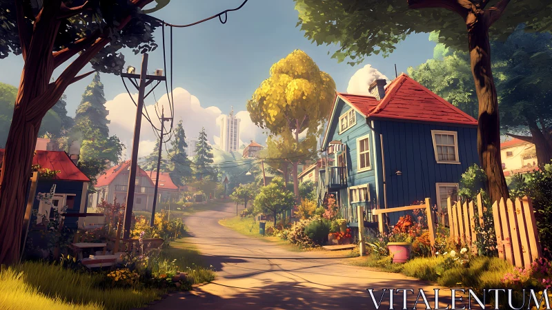 Colorful suburban street curves toward distant city towers