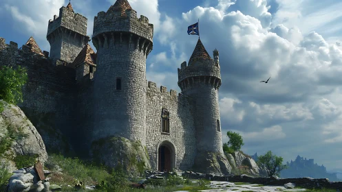 Medieval stone fortress under dynamic sky rendered in 3D