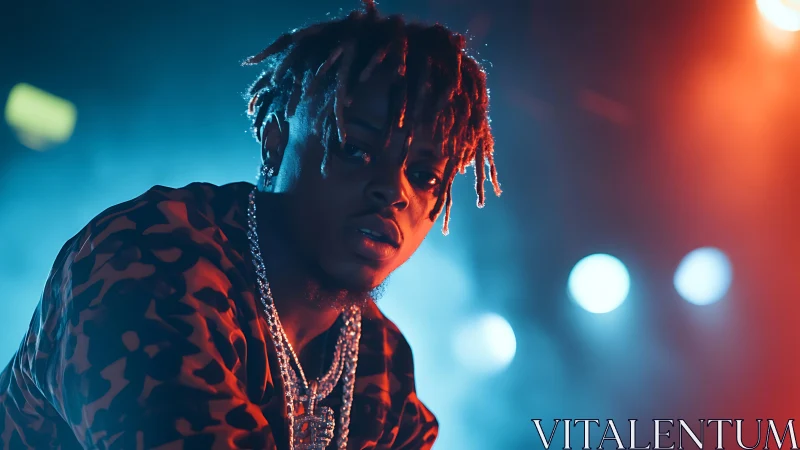 Photorealistic concert portrait with cinematic bicolor lighting.