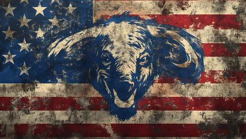 Snarling buffalo spirit splashed across a weathered flag.