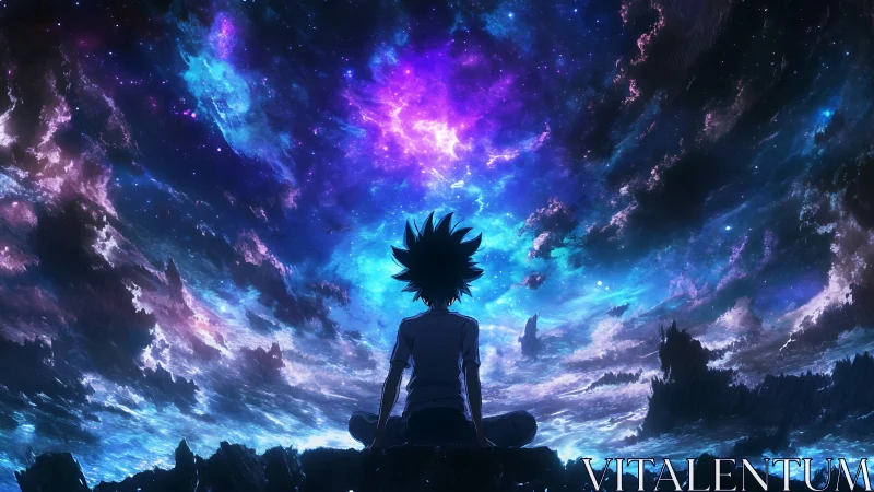 Silhouetted character sits under luminous cosmic sky panorama