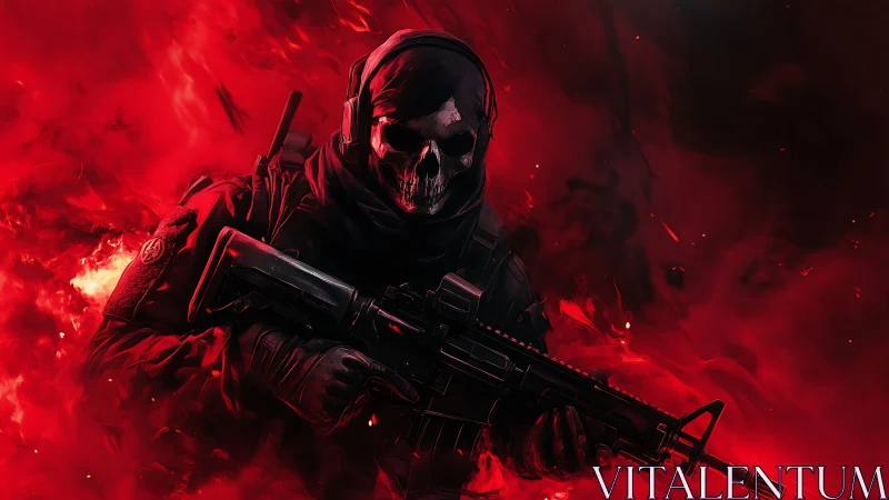 Tactical skull-masked operator with assault rifle in red inferno