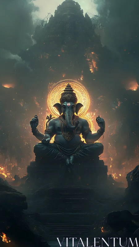 Majestic Ganesha statue radiates light amid mystical ruins
