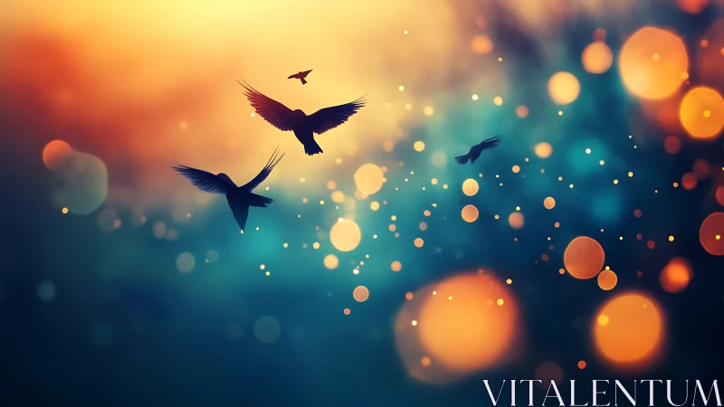 Dusk-swept birds drift through glowing bokeh constellations.