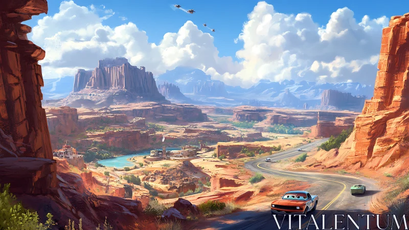 Sunlit canyon highway where playful road trips begin.