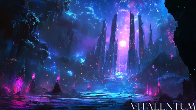 Luminescent crystalline canyon frames distant radiant core