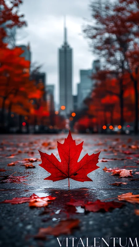 Red maple leaf on wet city street with blurred skyline.