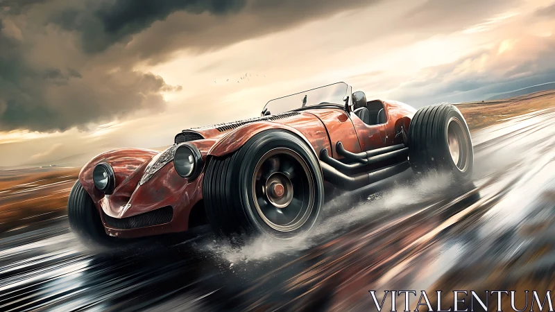 Storm-chasing retro roadster skims across a wet frontier.
